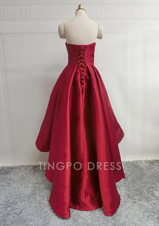 TingPo Wholesale Elegant A-line Sweetheart Sleeveless Satin Asymmetrical Homecoming Dress With Pleated